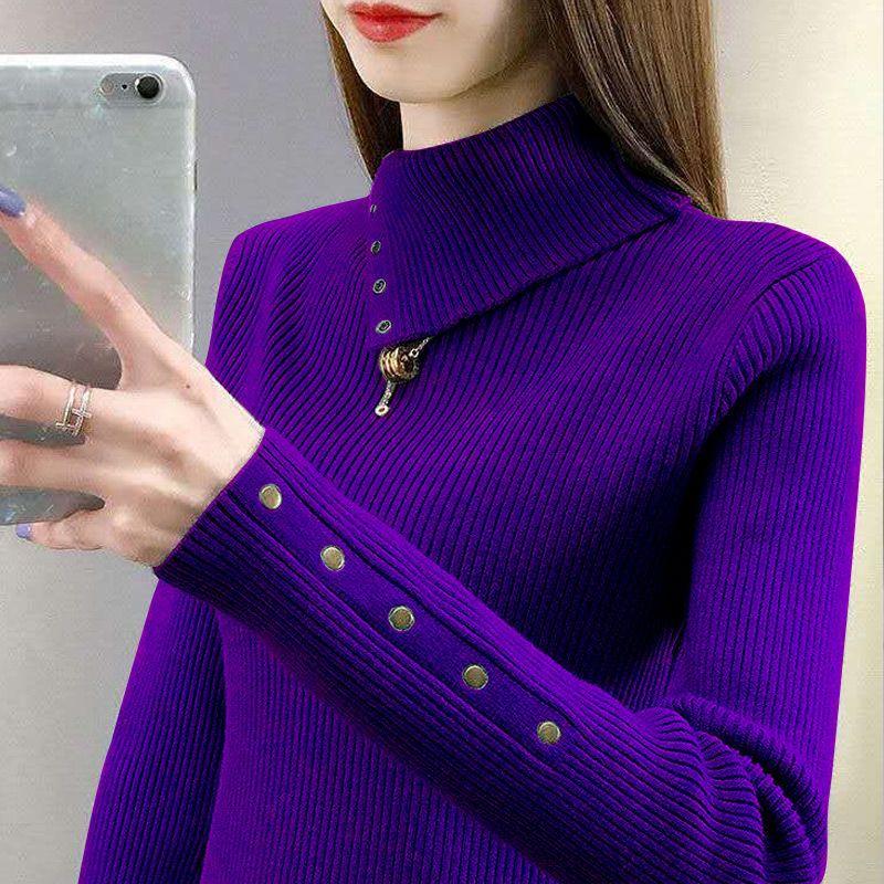 Turtle Neck Ribbed Sweater, Elegant Long Sleeve Sweater for Fall & Winter, Women's Clothing