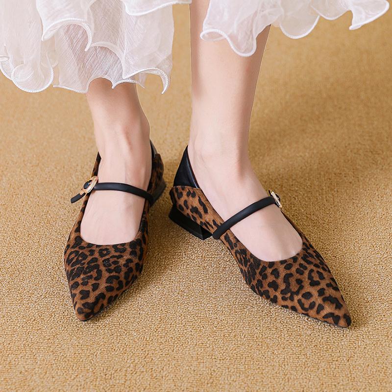 Leopard Women Mary Jane Shoes Pointed Toe Heeled Shoes Woman Sandals 2025 Summer Sexy Dress Chunky Shoes Shallow Pumps De Mujer