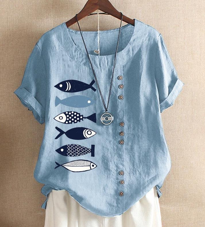 

2026 Spring/Summer Plus Size Women s Printed Cotton Linen Short Sleeve Casual Shirt L