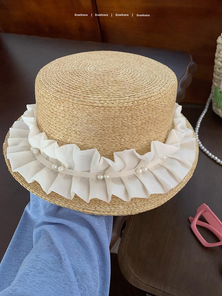 DIY bow flat top sunscreen straw hat women's retro pearl design vacation seaside beach sunshade summer