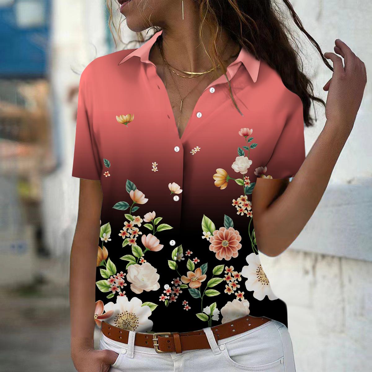 

2025 Summer New Fashion Women s Flower Printed Short Sleeve V-neck Casual Button-down Shirt Top 8XL червоний