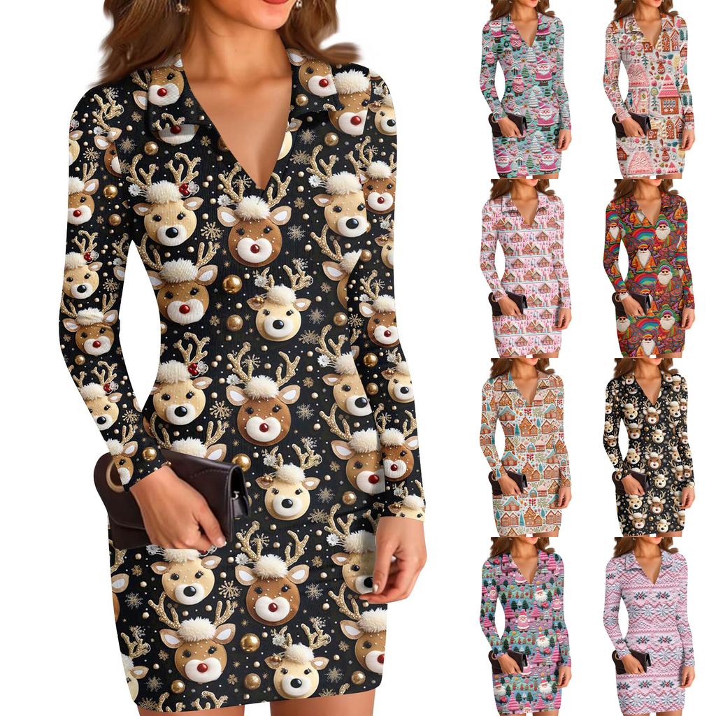 Women's V-neck Casual Print Long-sleeved Fitted Dress