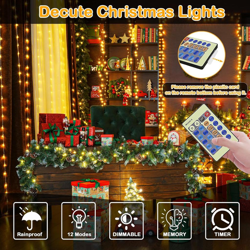 Decute 500LED 164FT Christmas Tree String Lights Green Wire Dimmable with Remote Control, UL Listed Plug in Fairy Starry Lights Decorative for