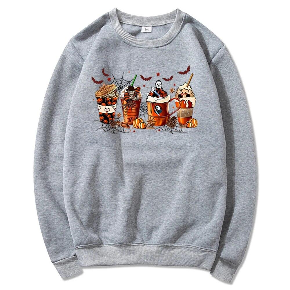 Скелет Кофейные чашки Толстовка Хэллоуин Ужас Кофе Толстовка Толстовка в стиле фильма ужасов Свитер с круглым вырезом на Хэллоуин Толстовка унисекс 4XL 5166₽