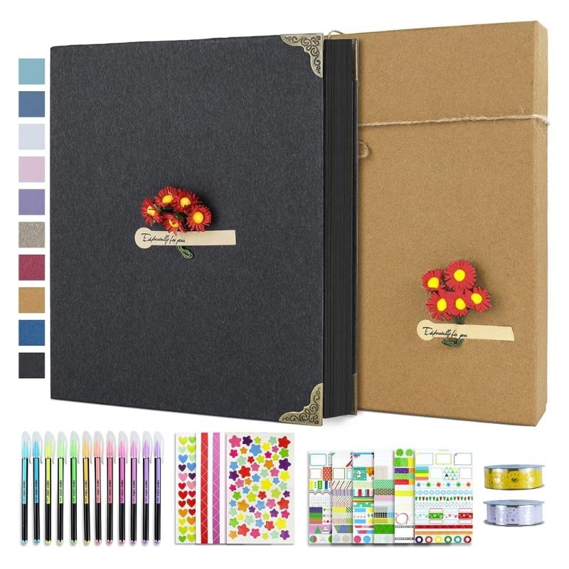 

DIY Scrapbook Photo Album Set with Pen Tape and Sticker Krafts Paper Memory Book Scrapbooking Supplies Valentines Gift чорний