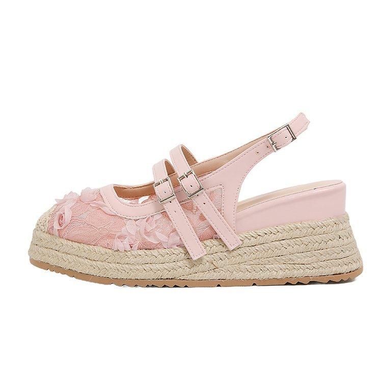 

Niche ballet single shoes hollow bag head sandals lace flower half slippers summer wear heightening platform sandals 35