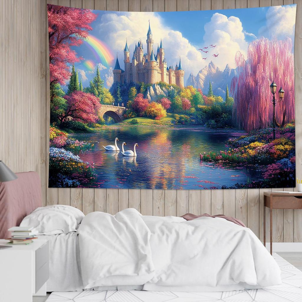 Castle Tapestry Trees And River In Fantasy Forest Wall Hanging Fairy Tale Tapestries For Kids Bedroom Living Room Dorm Party