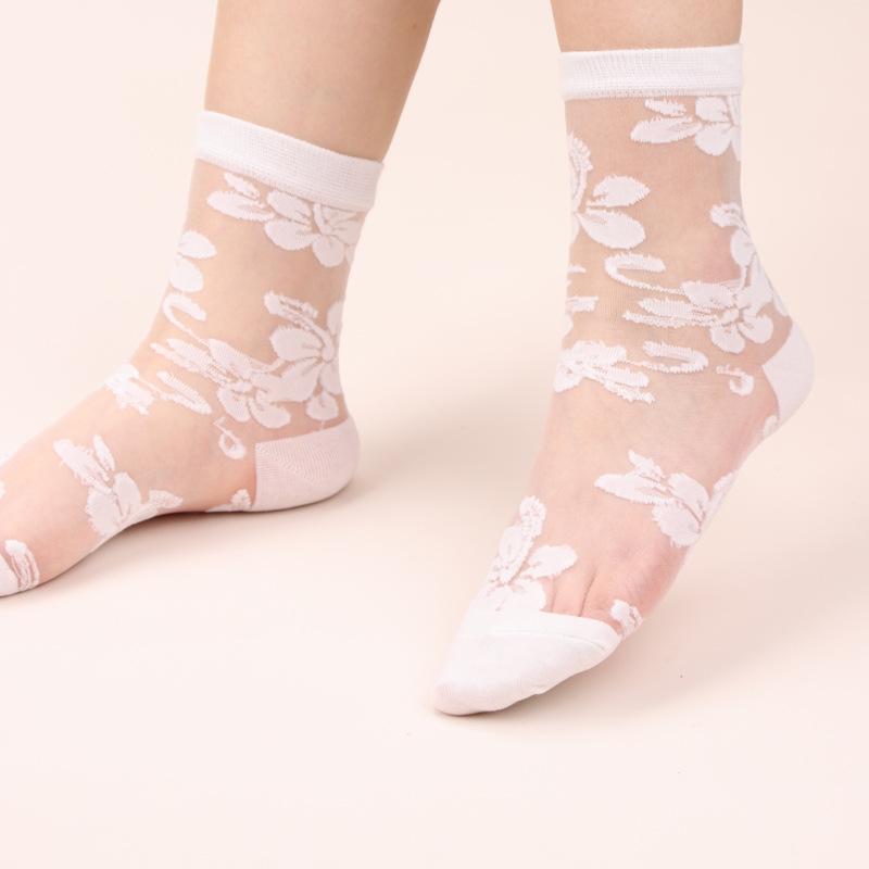 Ladies Spring and Summer New Glass Silk Transparent Lovely Big Flower Crystal Silk Socks