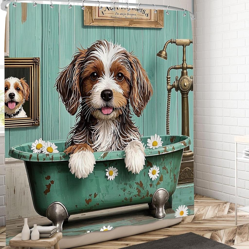 Cute Dog Shower Curtain Funny Animal Shower Curtains Set Fun Puppy Cartoon Teddy in Bathtub Flower Rustic Country Daisy Boys