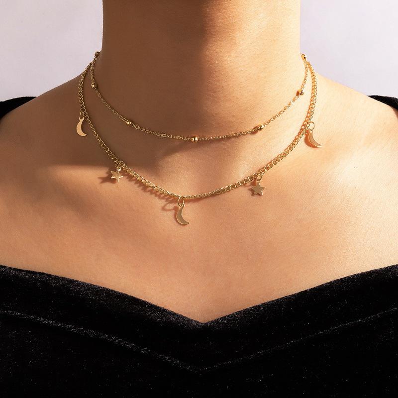 Korean Double Layer Beaded Necklace with Moon and Star Charm