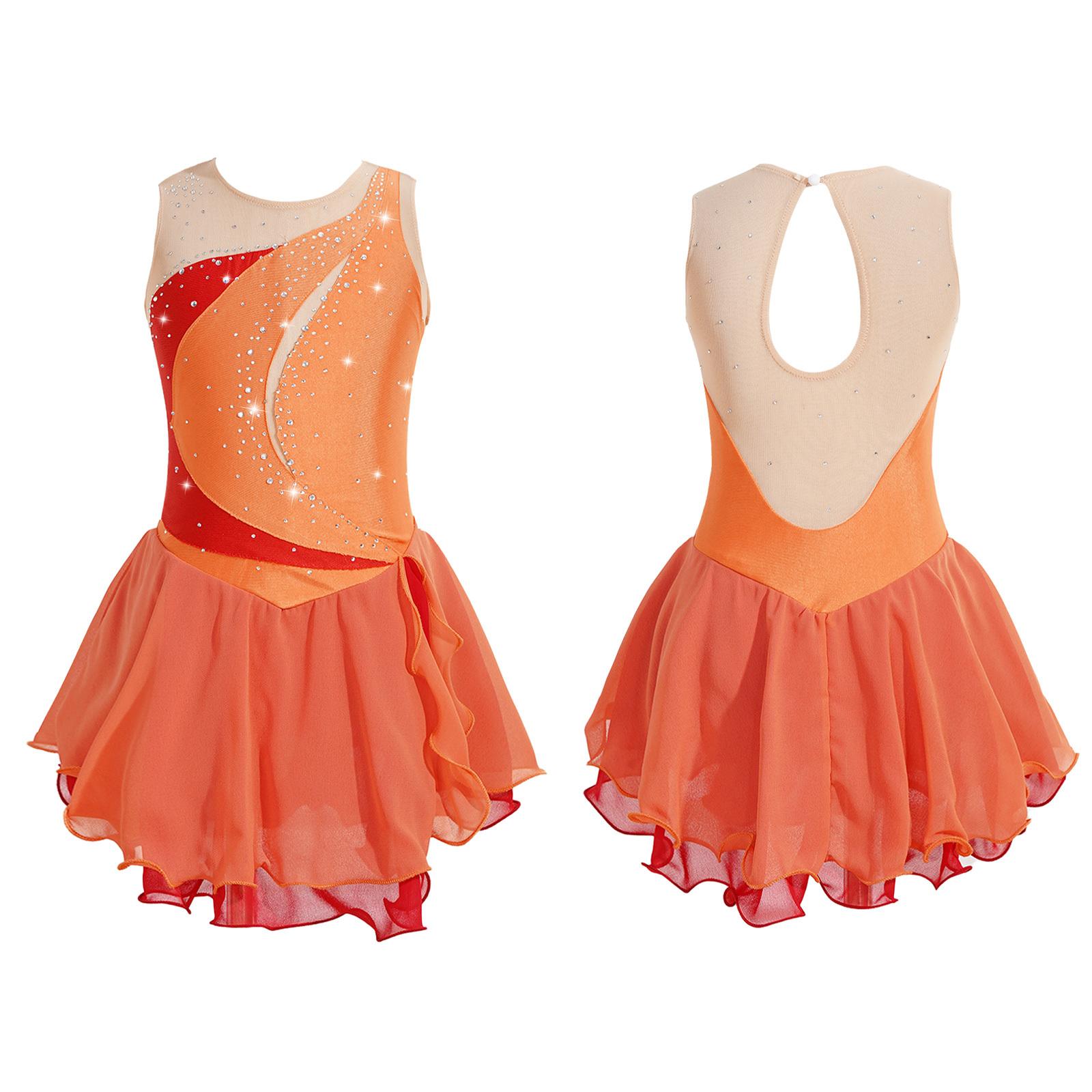 IEFiEL Kinderen Meisjes Ijs Kunstschaatsen Jurk Mouwloos Strass Competitie Kostuums Ballet Dans Tutu Rok 9-10 Years oranje