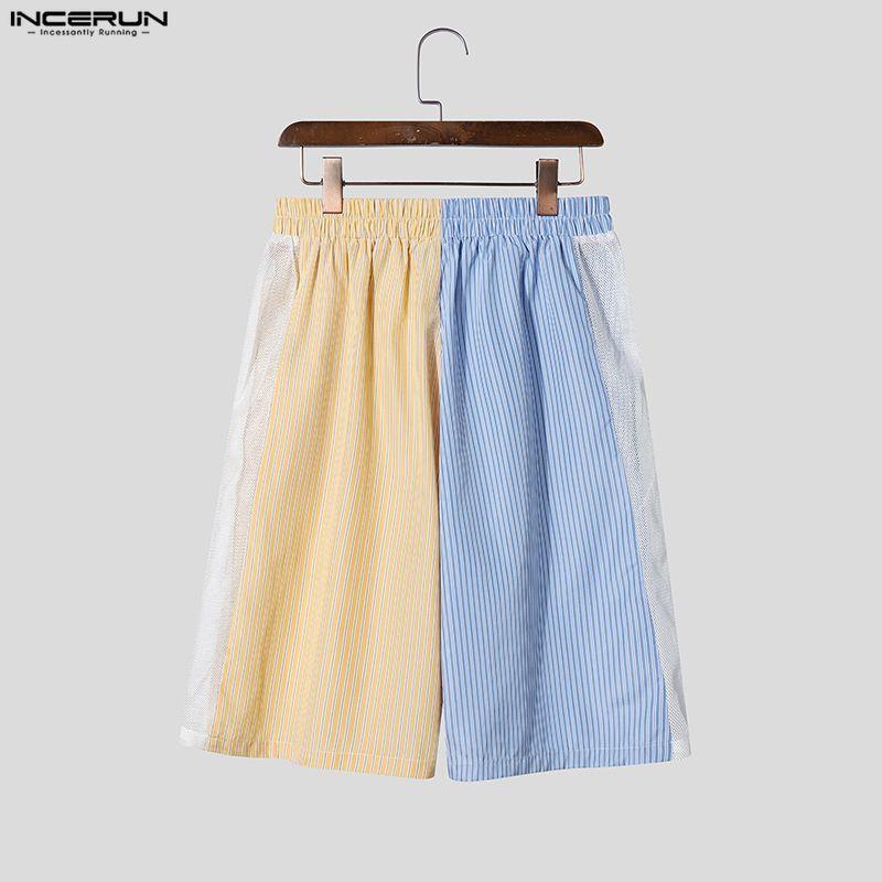 INCERUN Two Pieces Summer Men O Neck Striped Hollow Patchwork Short Sleeve Tops and Shorts Sets
