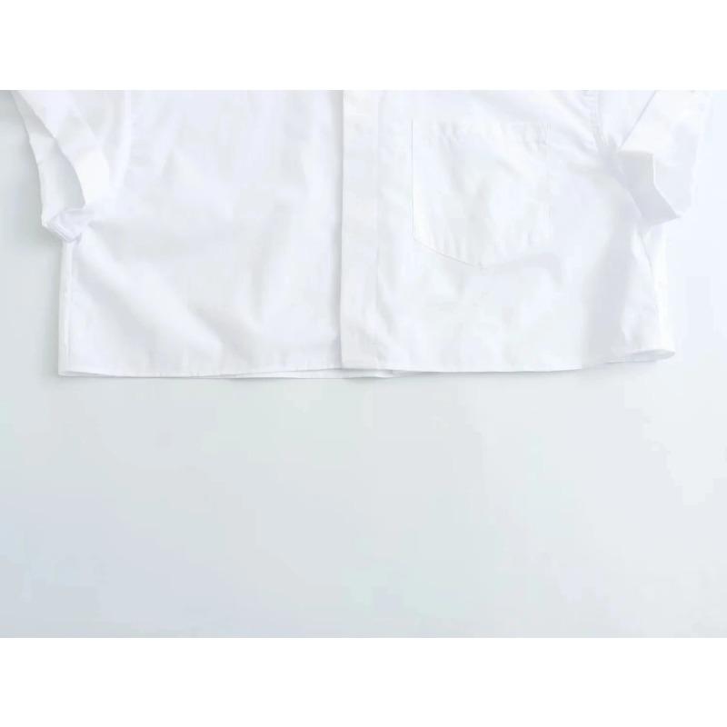 Dámská módní zkrácená popelínová košile Dámská ležérní klopa Krátký rukáv Kapsa Vpředu Knoflíky Všestranný dámský top