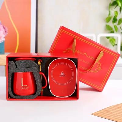 Gift Box Ceramic Cup with Spoon and Storage Bag Set Folding Spoon for Portable Meals 55 Degrees Thermostat Cup