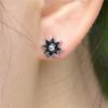 Silver Plated Black Enamel Star Stud Earrings, Gothic Edgy CZ Center Star Earrings for Women