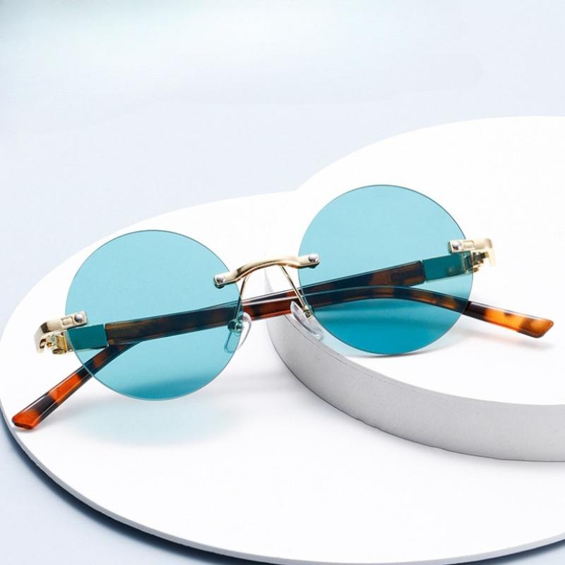 Fashionable and Versatile Round Tortoiseshell Rimless Sunglasses Retro Men's and Women's Travel Beach UV Resistant Glasses
