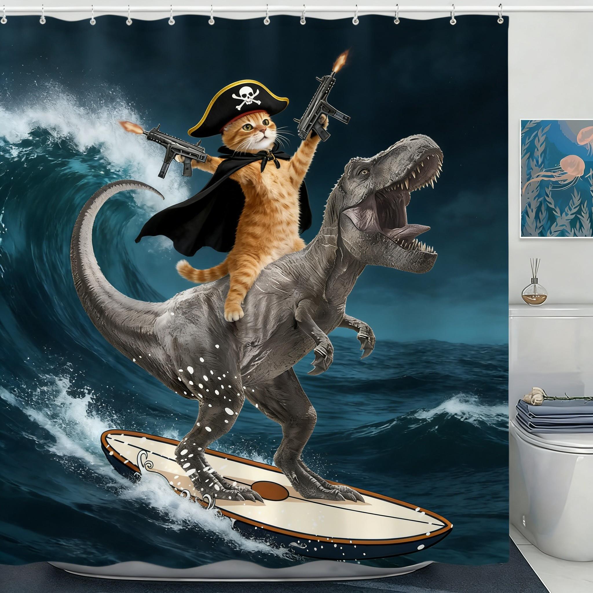 

Wizard Cat Riding Dragon With Gun Great Wave Off Kanagawa Waterproof Shower Curtain For Bathroom Decor W60H190(CM)-1 Pcs