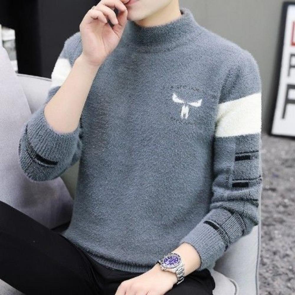 Зимний KPOP Модный Стиль Харадзюку Приталенные Топы Свободные Повседневные Все Сочетаемые Трикотажные Изделия Полувысокий Воротник Вставка С Длинным Рукавом Свитера 3XL серый 4370₽