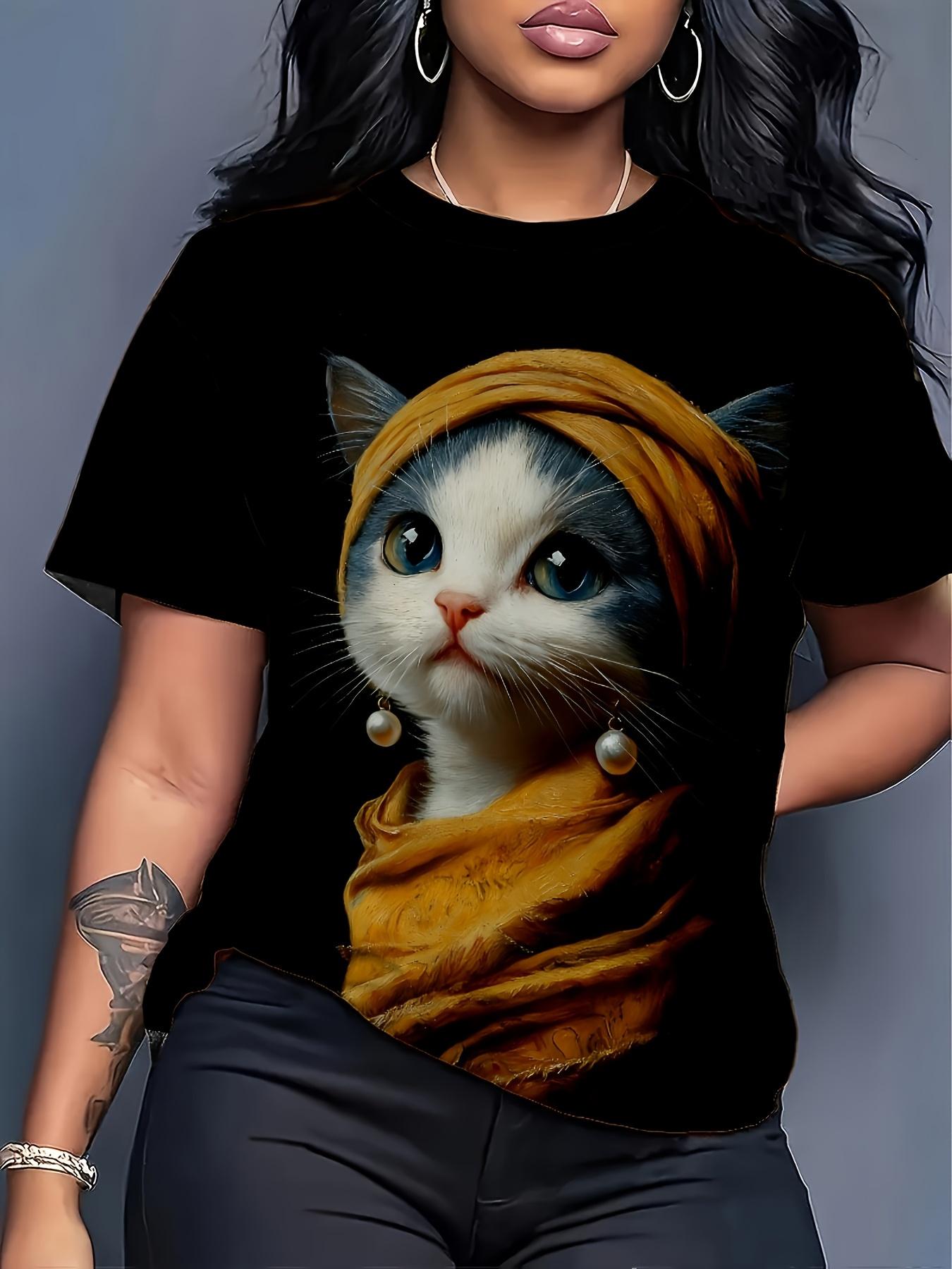 

Women s Retro Cat Print T-Shirt with Pearl-Decorated Headscarf - Mustard Yellow Round Neck Blouse-Compatible Top Machine Washable Summer Casual Shirt L дубильная кора