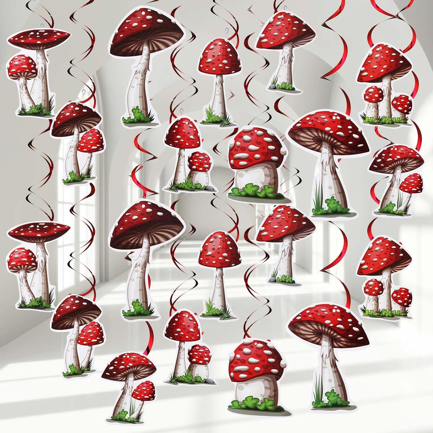 30 Pieces Birthday Party Decorations Mushroom Hanging Swirls Ceiling Streamers Mushroom Party Supplies Wonderland Foil Swirls Wall Decor for Baby