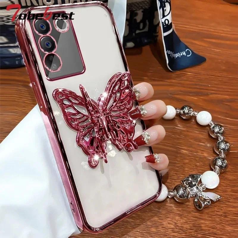 3D Butterfly Phone Holder Bead Bracelet Glitter Plating Case for Samsung Galaxy A16 A26 A36 A56 A06 5G Bling Soft Back Cover