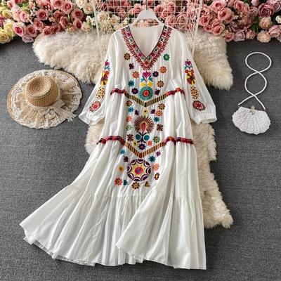 Sukienka dla kobiety z dekoltem w serek, oversize, z długim rękawem, vintage, casualowa, z nadrukiem, długa, luźna, koronkowa