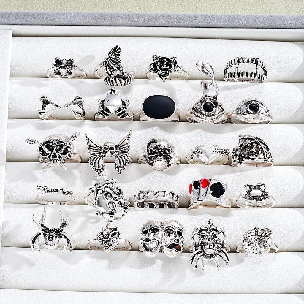 24-teiliges Punk Totenkopf Spinnenring Set: Dunkler Retro-Hip-Hop-Stil