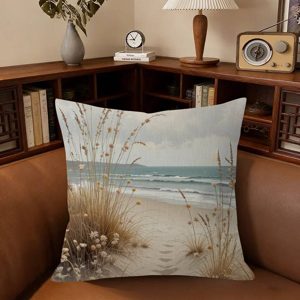 Serene Seaside Scenes Pillow Covers Cartoon Sofa Decorative Home Double-sided Printing Short Plush Cute Cushion Cover