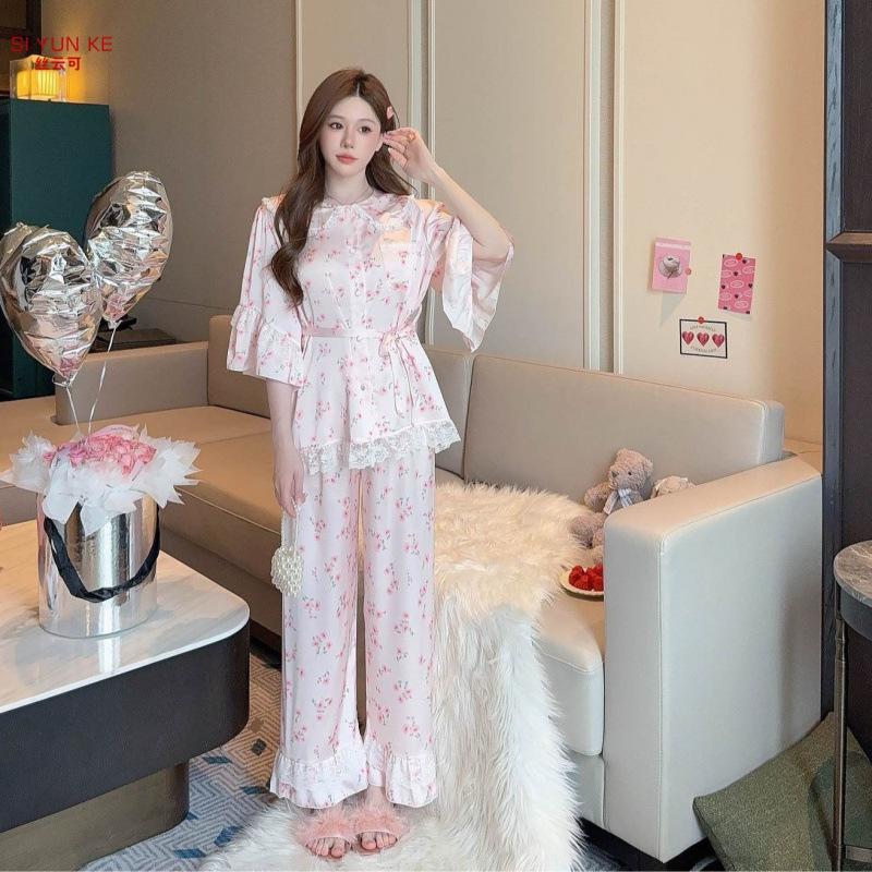 Pajamas female princess style doll collar medium sleeve new floral beautiful girl trousers set ice and snow silk women's loungewear