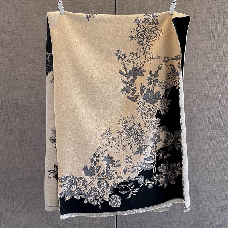 New Splicing Contrasting Plant Flower Jacquard Scarf Women's Autumn and Winter Imitation Cashmere Warm Neck Scarf Shawl