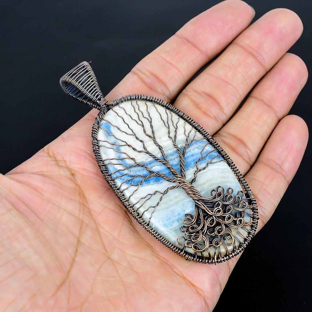 Blue Scheelite 999 Copper Wire Wrap Pendant, Handmade Gemstone Tree Of Life Pendant Jewelry, Gifts For Wife Brand New Pendant