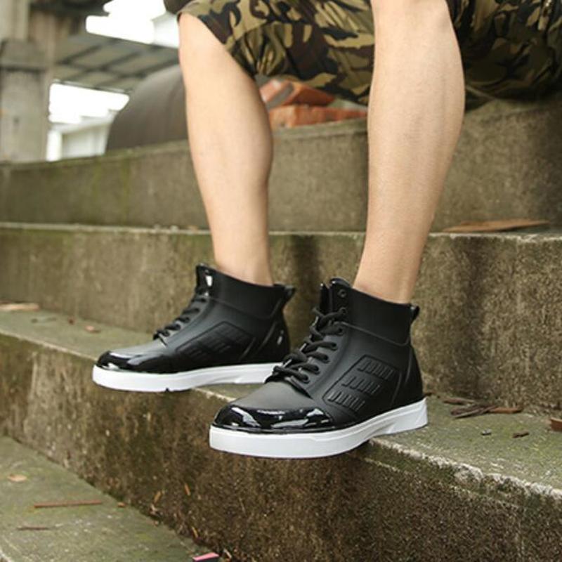Fashion Rain Shoes Men's Rainboots Waterproof  Men Rain Boy Water Shoes Rubber Black Ankle Boots Lace-Up Shoes for Mens Boots