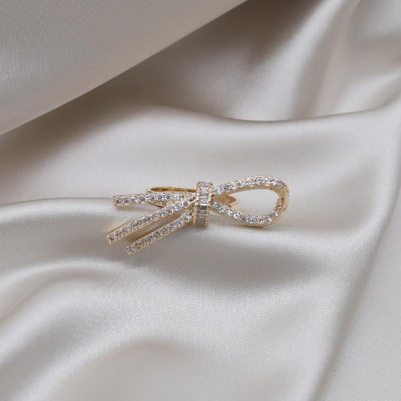 Real Gold Plating Korea New Design Fashion Jewelry Exquisite Luxury Zircon Bow Ring Simple Women's Party Opening Adjustable Ring