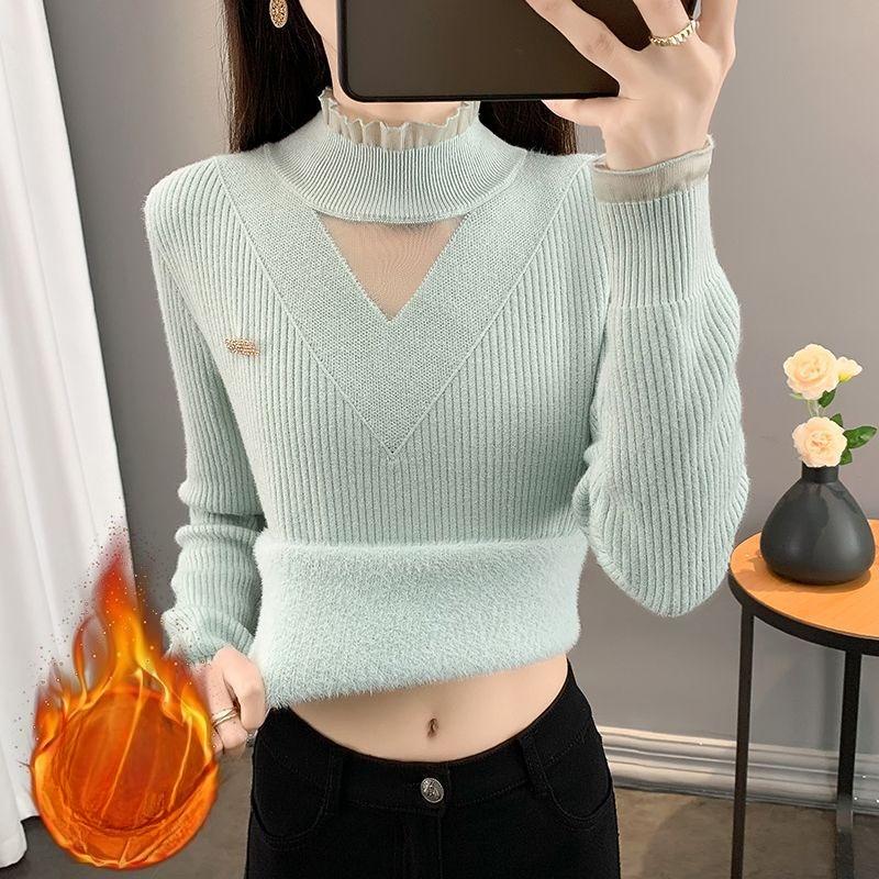 Women's Autumn Winter Half-High Neck Sweater with Integrated Fleece Fabric - Lace-Trimmed Knit Base Layer Warm Thickened Style