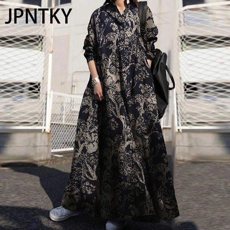 JPNTKY Women's Loose Fit Maxi Dress with Long Sleeves and Floral Print