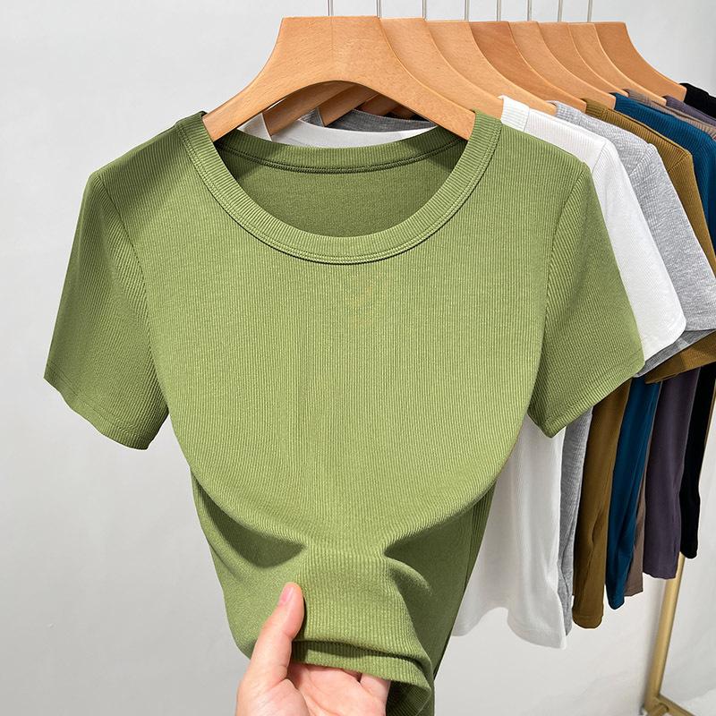 Závitové tričko s krátkým rukávem pro ženy Nové Dámské Jednobarevné triko s vnitřním zapínáním Módní top s velkým kulatým výstřihem