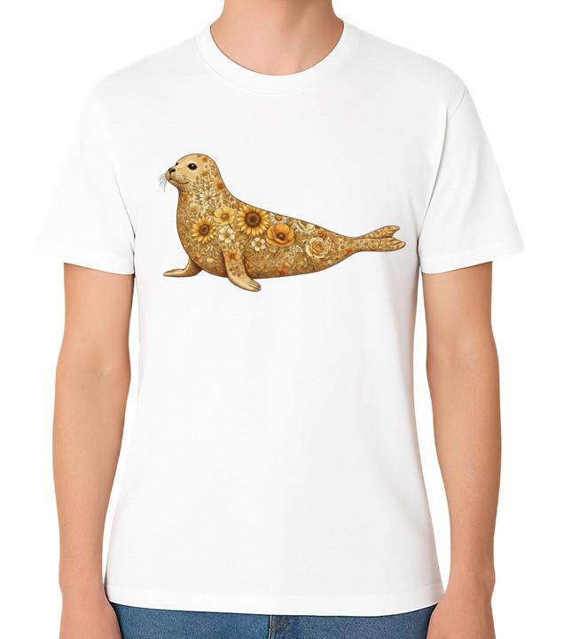 

Floral Seal Illustration T-Shirt Vintage Flower Art Sea Life Unisex Tee 5XL різнокольоровий