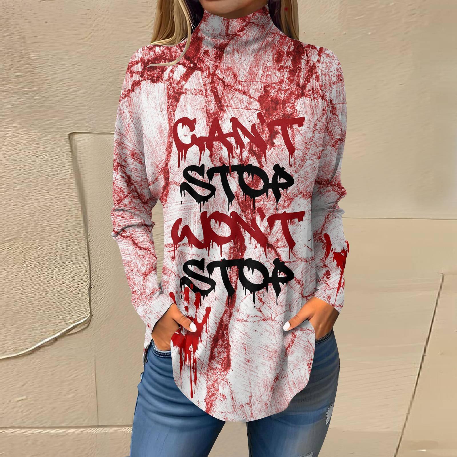 Женская свободная футболка с высоким воротом и длинными рукавами — фото 11