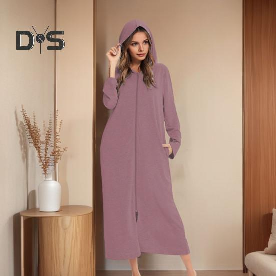 Nachthemd mit Reißverschluss für Damen, lange Ärmel, lockere, reine Farbe, mit Taschen, wadenlange Loungewear mit Kapuze, für den Alltag, für zu Hause, im Schlafzimmer