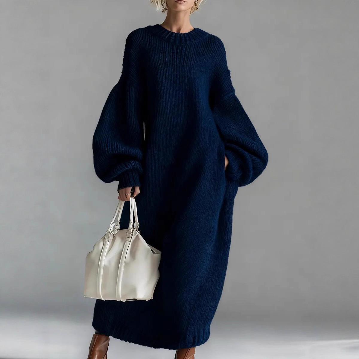 

Women s Round Neck Loose Lantern Sleeve Knit Sweater Dress (2025 Collection) XXL темно-синього кольору