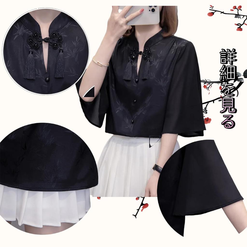 Szyfonowa bluzka dla bambusowa chińska luźna duża koreańska do pracy rozkloszowana casual [JIYUTOR] kobiety, top, koszula w chińskim stylu, wzór, guziki, podszewka,