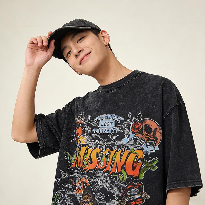 High Street Men'S T-Shirt Vintage Direct Injection Printing Ins Washed Cotton Short Sleeve T-Shirt Men'S And Women'S