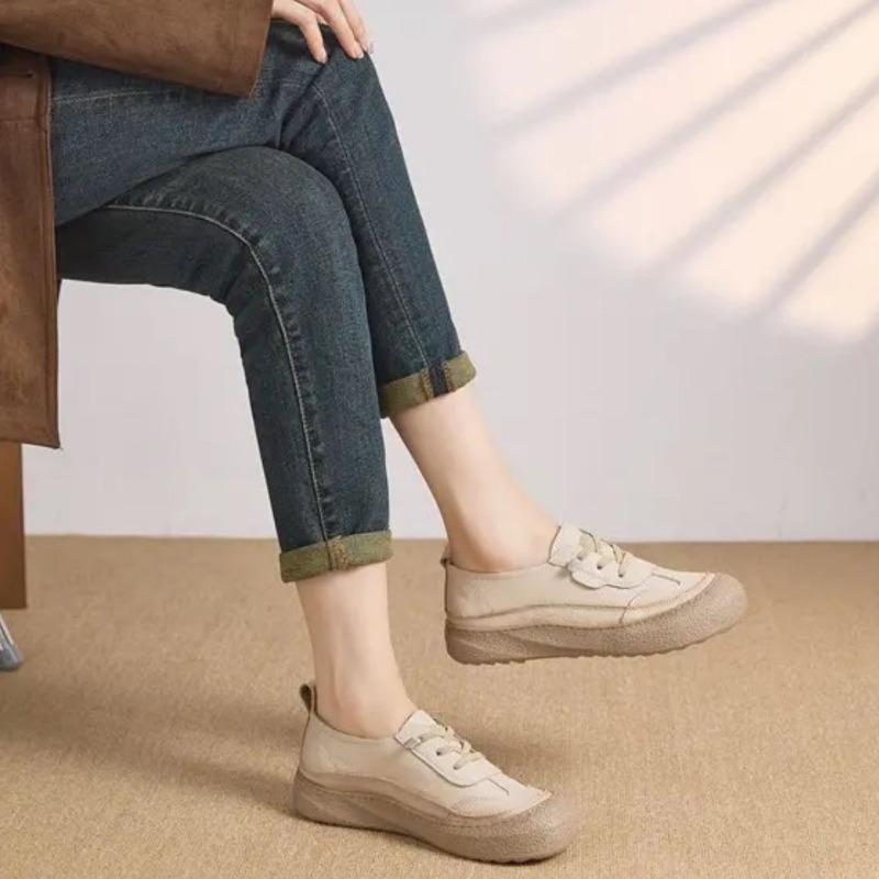 Genuine Leather Shoes Women Flat Casual Shoes Soft Cow Leather Brand Shoes Black Yellow Beige Plus Size 41
