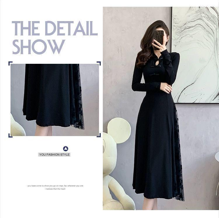 Plus Size Black Frog Button Mid-Length Dress - New Chinese Style for Spring, Autumn, and Winter