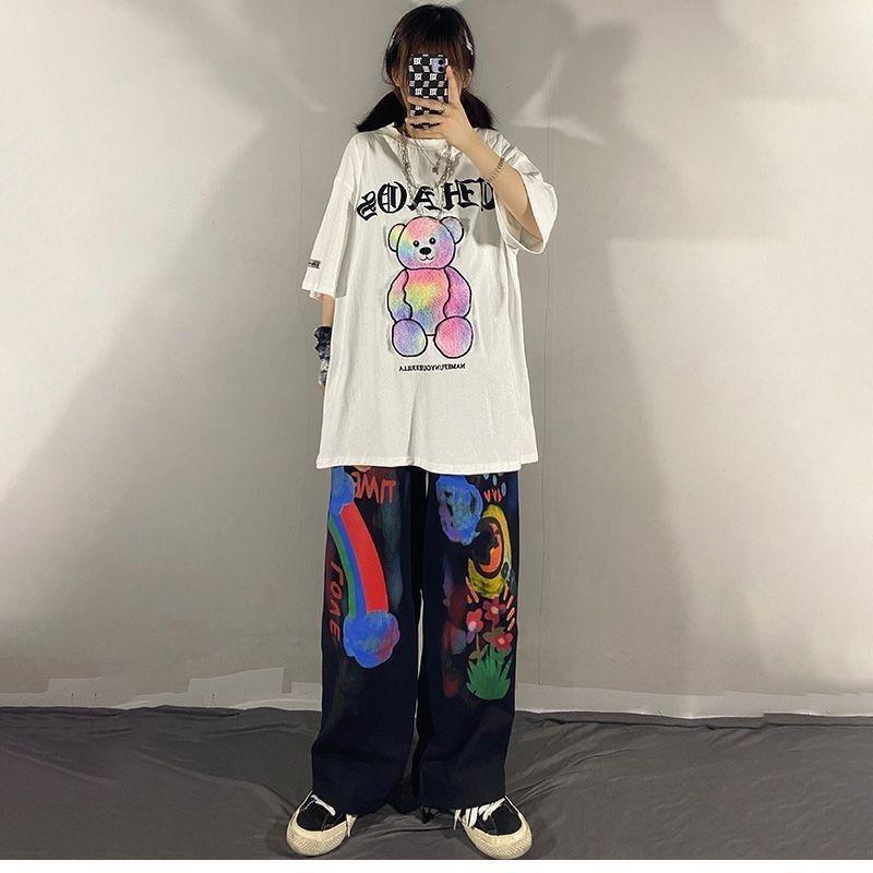 Pantalones Rectos Hip Hop de Dibujos Animados con Graffiti Y2k para Mujer Streetwear Moda Primavera Otoño Nuevos de Letras Holgados Casual Pierna Ancha