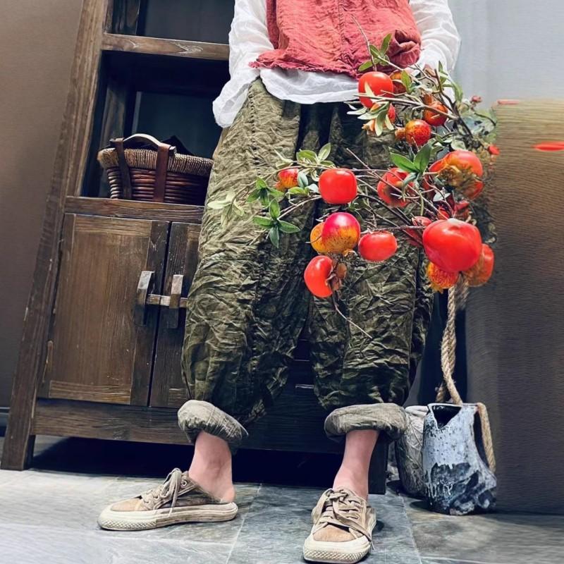 Johnature Women Harem Pants Solid Color Elastic Waist Pockets Patchwork Trousers Summer Loose Ankle Length Pants