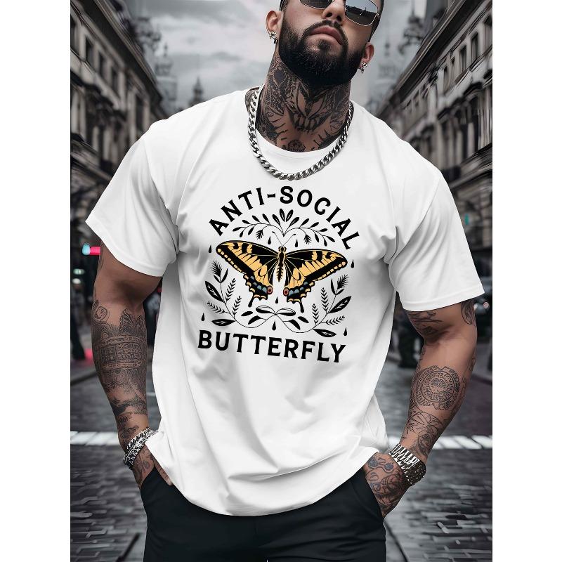 European Size Men'S Casual Crew Neck T-Shirt, Unsociable Butterfly Print, Short Sleeve, Regular Fit, Breathable Knit Fabric, Summer Fashion Top