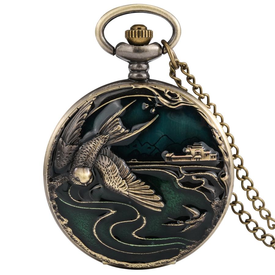 Bronzene Taschenuhr mit Kranich-/Elch-/Elefanten-Tierquarz, rundes Zifferblatt, Taschenhalskette, Anhänger, Pulloverkette, Taschenuhr für Männer und Frauen