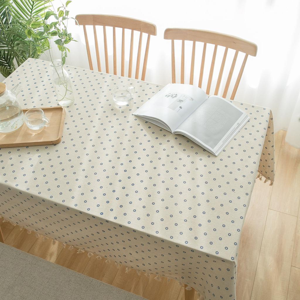 Blue Daisy Printed Rural Cotton Linen Tablecloth With Fringed Lace Home Coffee Pendant Tea Table Pad Meal Cloth