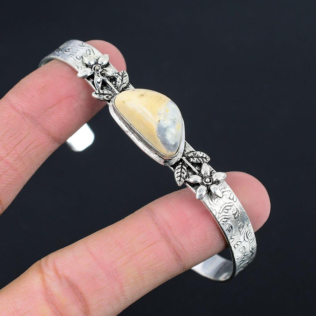 Womens Day Sale Natural Maligano Jasper Sterling Silver Flower Sister New Bangle